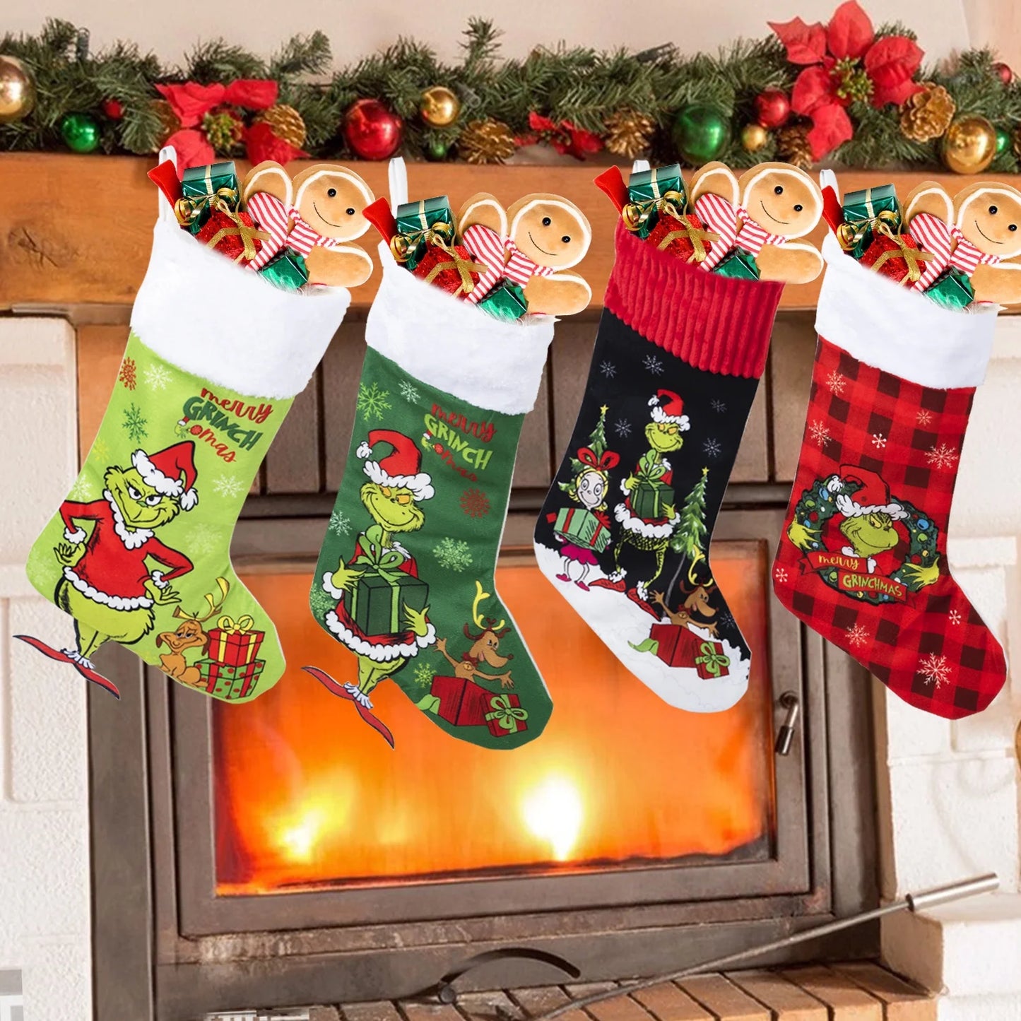 4 Pack Grinchs Christmas Stocking,18 Inch Large Grinchs Stockings Christmas Whoville Decorations for Family Holiday Party Decor