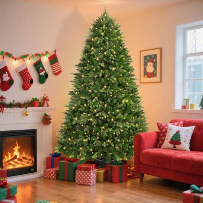 【Twinkling&Rotation】Shareconn 6/ 7/ 7.5FT PE+PVC Artificial Fir Branch 12 Lighting Modes Prelit Blinking Christmas Tree with Warm White Lights & Rotating Stand Green Decorative Tree