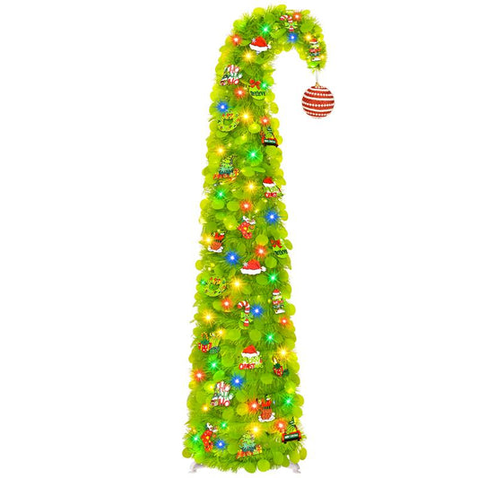 5Ft Pop up Christmas Tree with Multi-Color LED String Lights Tinsel for Indoor Outdoor Party Home Decor Festive Elegance Minimal Style Ornaments Grinch-Like Green+Ornaments