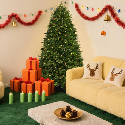 【Twinkling&Rotation】Shareconn 6/ 7/ 7.5FT PE+PVC Artificial Fir Branch 12 Lighting Modes Prelit Blinking Christmas Tree with Warm White Lights & Rotating Stand Green Decorative Tree