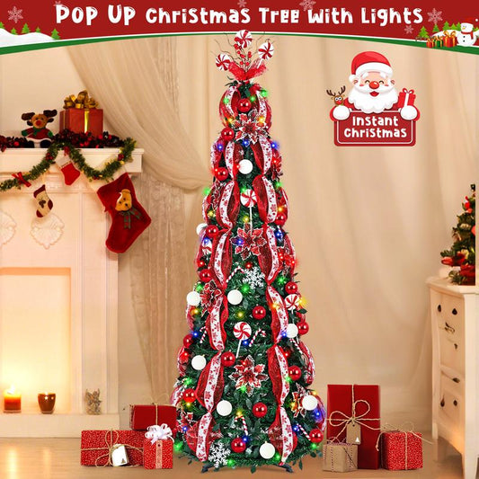 6FT Pop up Christmas Tree, Pencil Christmas Glitter Poinsettia Red White Flowers, Lollipops, Ribbons, Decorative Balls, Decorative Snowflakes, for Xmas Tree Wreath Wedding Party New Year Home Decoration, Outdoor Indoor Holiday Party Decor Mesh Ornaments