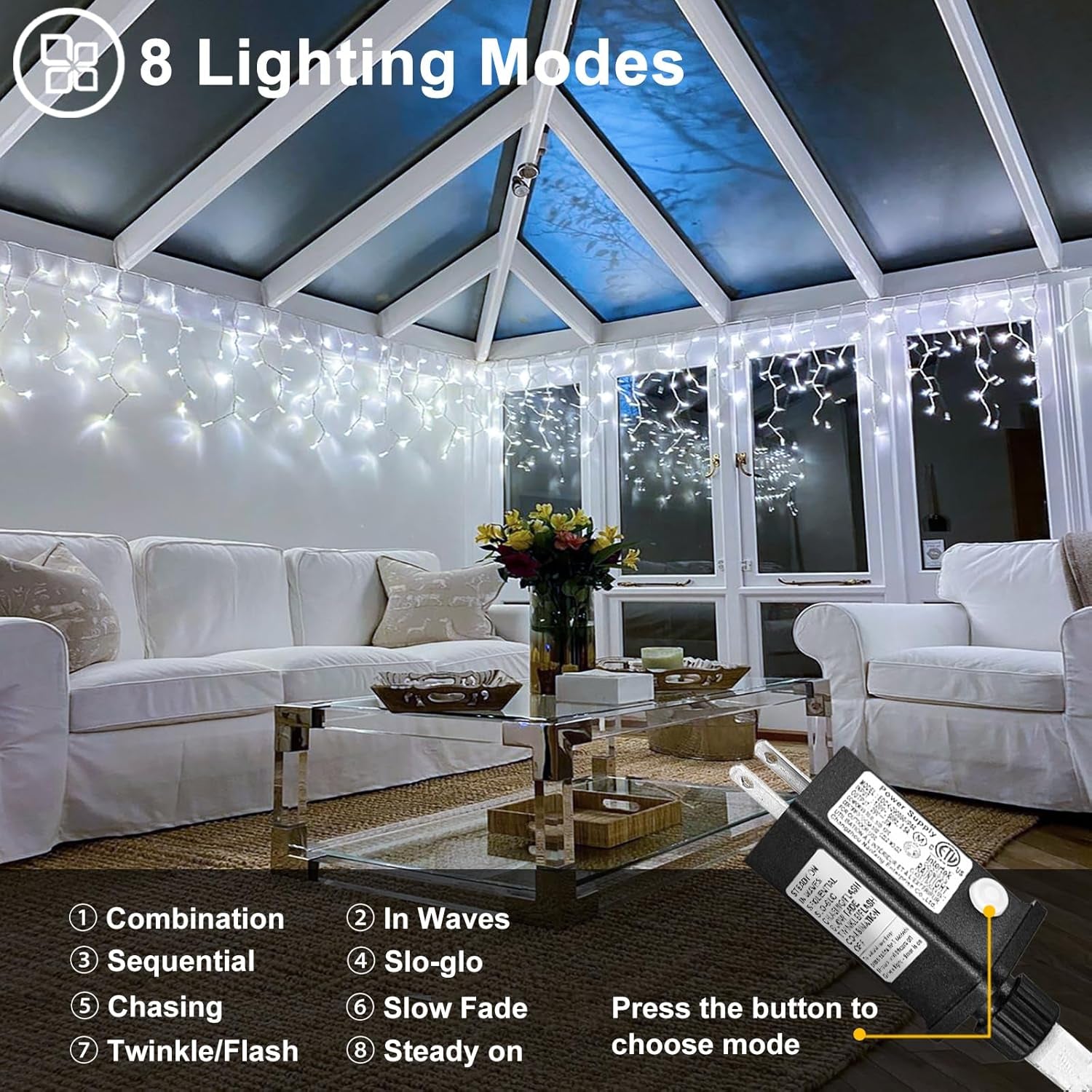 White Christmas Lights Outdoor, 66Ft 640 LED Icicle Lights for outside House with Connectable Clear Wire 8 Modes Timer, Plug in Waterproof for Home Holiday Eaves Yard Roof Party Room Indoor Decoration
