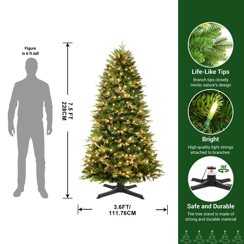 【Twinkling&Rotation】Shareconn 6/ 7/ 7.5FT PE+PVC Artificial Fir Branch 12 Lighting Modes Prelit Blinking Christmas Tree with Warm White Lights & Rotating Stand Green Decorative Tree