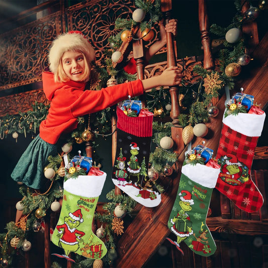 4 Pack Grinchs Christmas Stocking,18 Inch Large Grinchs Stockings Christmas Whoville Decorations for Family Holiday Party Decor