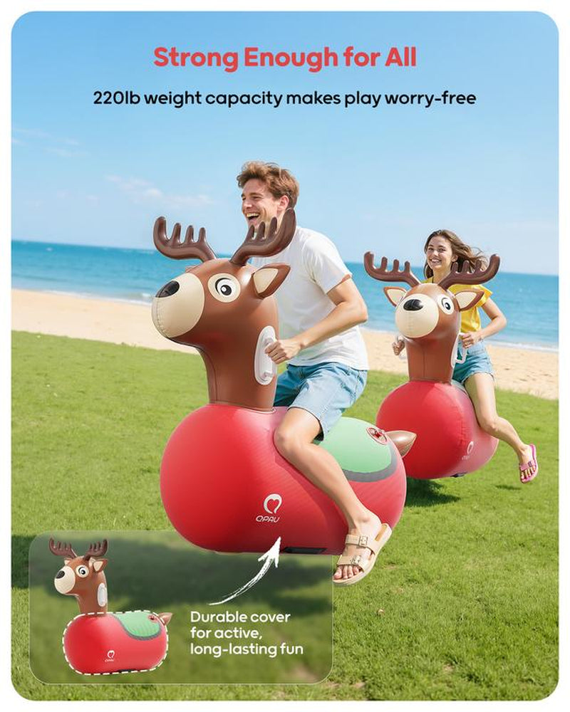 Christmas Gifts QPAU Kids Reindeer Toys 1/2 PC 220Lbs Load Capacity Bouncing Animal Hopper Reindeer Gifts for Kids Ages 5+ Large Size Comfortable Stable Design Peaceof Mind Material Independent Two Air Chambers Manual Inflatable Pump