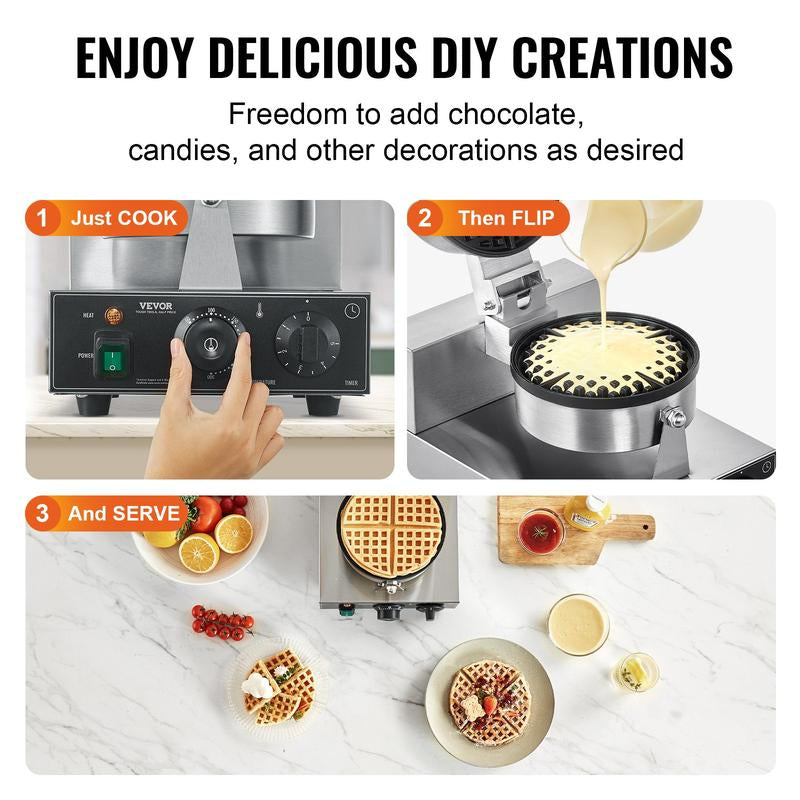 VEVOR Commercial Waffle Maker round Waffle Iron Baker Machine Non-Stick 1230W
