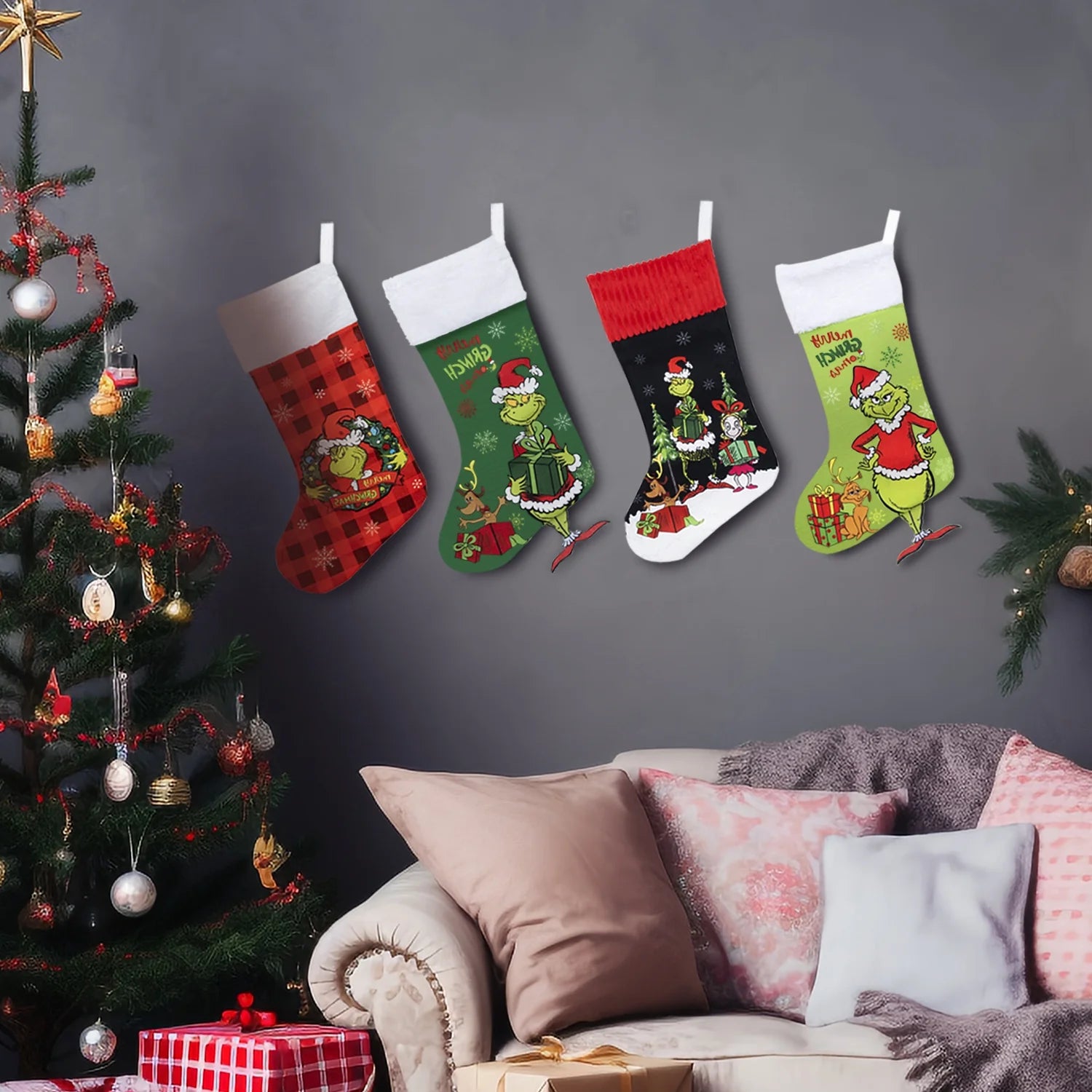 4 Pack Grinchs Christmas Stocking,18 Inch Large Grinchs Stockings Christmas Whoville Decorations for Family Holiday Party Decor