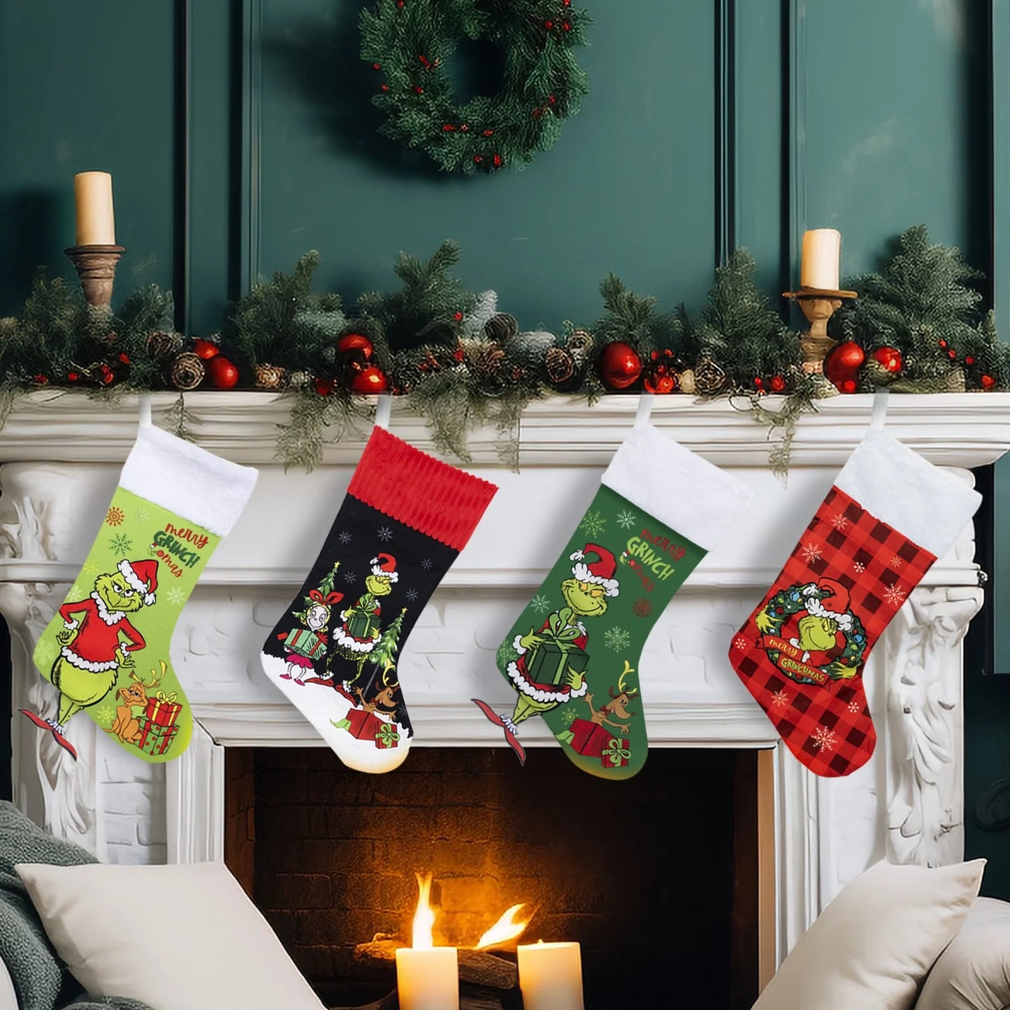 4 Pack Grinchs Christmas Stocking,18 Inch Large Grinchs Stockings Christmas Whoville Decorations for Family Holiday Party Decor