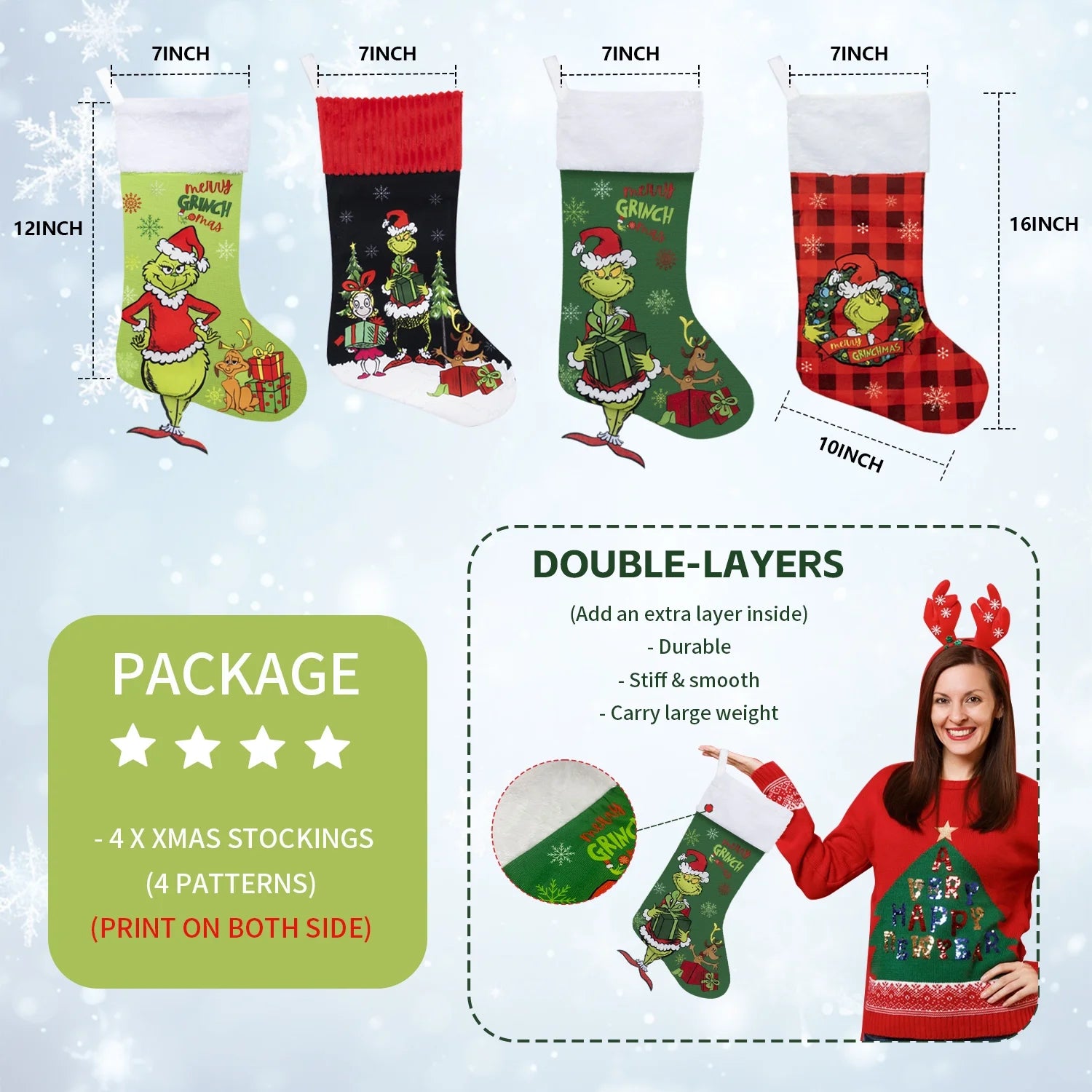 4 Pack Grinchs Christmas Stocking,18 Inch Large Grinchs Stockings Christmas Whoville Decorations for Family Holiday Party Decor