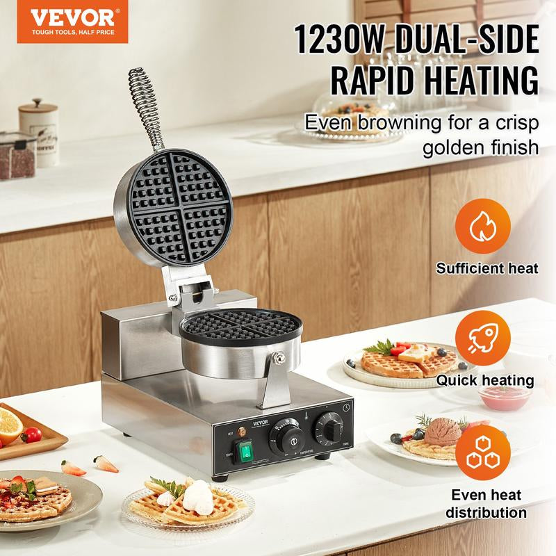 VEVOR Commercial Waffle Maker round Waffle Iron Baker Machine Non-Stick 1230W