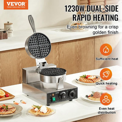 VEVOR Commercial Waffle Maker round Waffle Iron Baker Machine Non-Stick 1230W